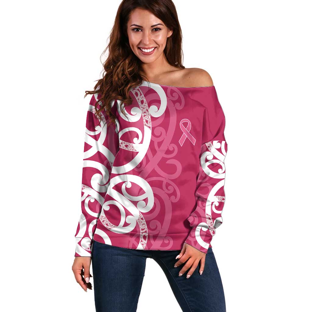 Breast Cancer Awareness Maori Off Shoulder Sweater Koru Kowhaiwhai - Vibe Hoodie