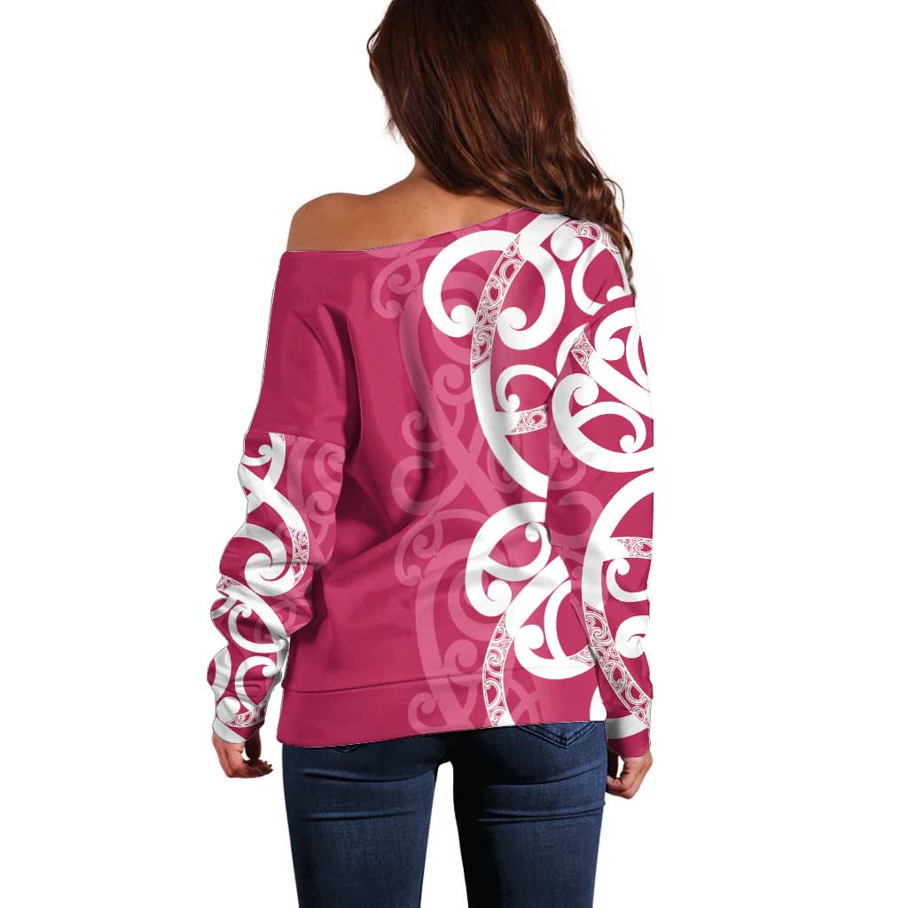 Breast Cancer Awareness Maori Off Shoulder Sweater Koru Kowhaiwhai - Vibe Hoodie