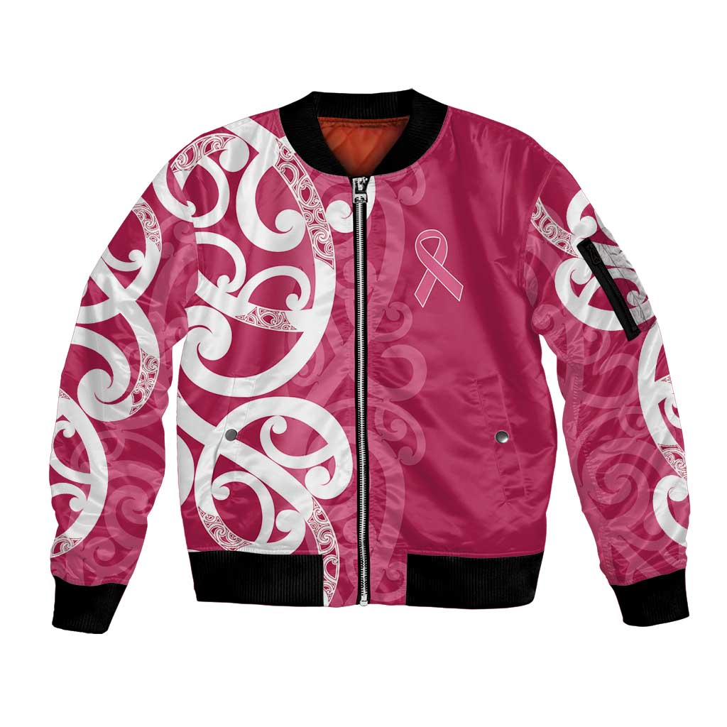 Breast Cancer Awareness Maori Sleeve Zip Bomber Jacket Koru Kowhaiwhai - Vibe Hoodie