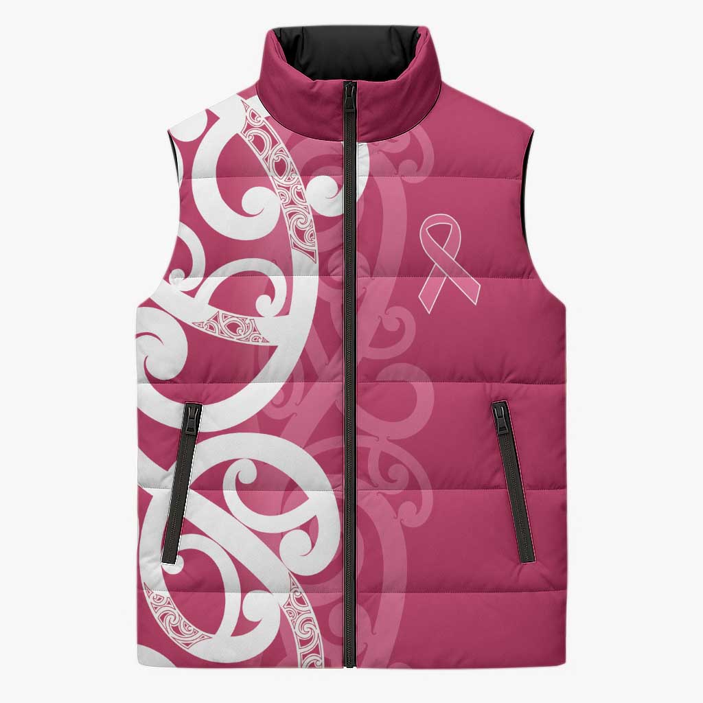 Breast Cancer Awareness Maori Sleeveless Puffer Jacket Koru Kowhaiwhai - Vibe Hoodie