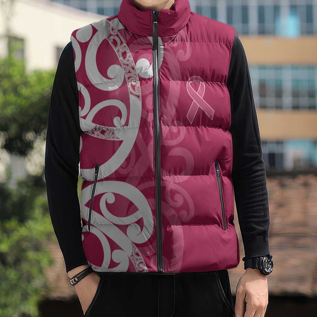 Breast Cancer Awareness Maori Sleeveless Puffer Jacket Koru Kowhaiwhai - Vibe Hoodie