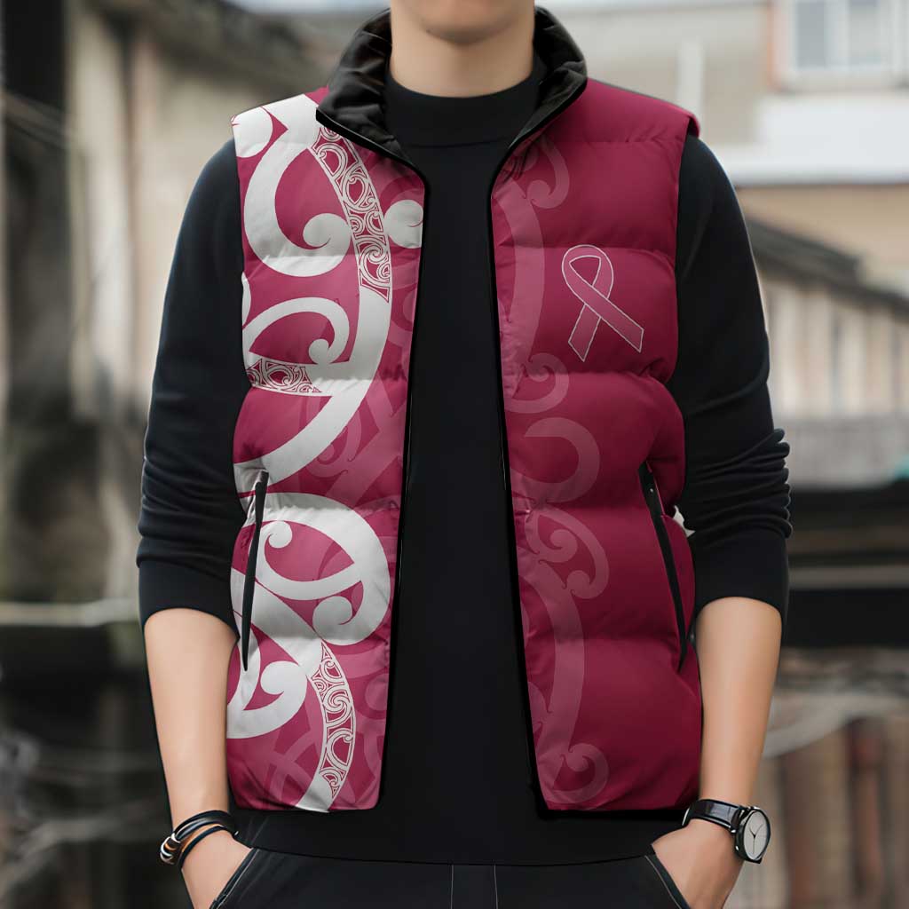 Breast Cancer Awareness Maori Sleeveless Puffer Jacket Koru Kowhaiwhai - Vibe Hoodie