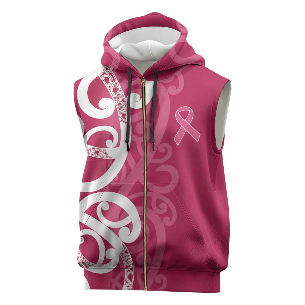 Breast Cancer Awareness Maori Sleeveless Zip Hoodie Koru Kowhaiwhai - Vibe Hoodie