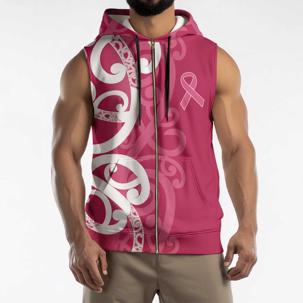 Breast Cancer Awareness Maori Sleeveless Zip Hoodie Koru Kowhaiwhai - Vibe Hoodie