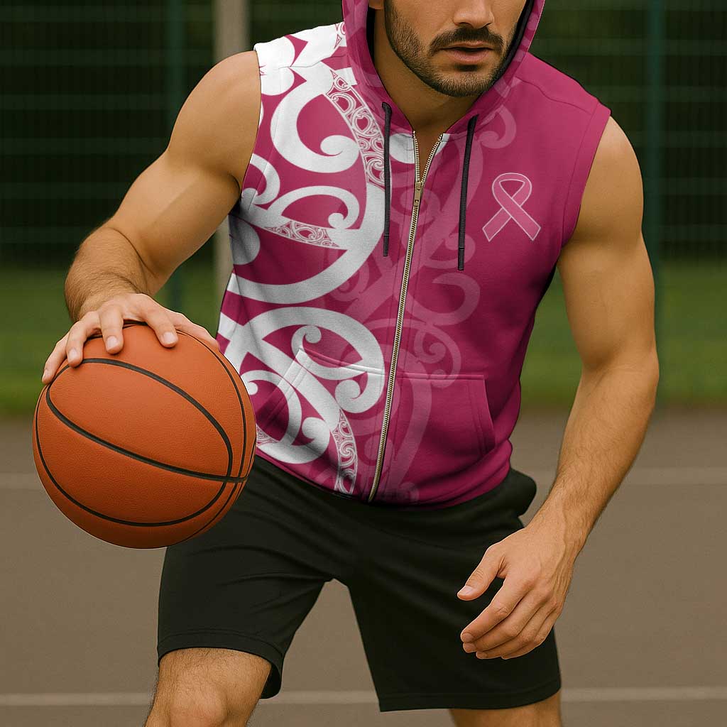 Breast Cancer Awareness Maori Sleeveless Zip Hoodie Koru Kowhaiwhai - Vibe Hoodie