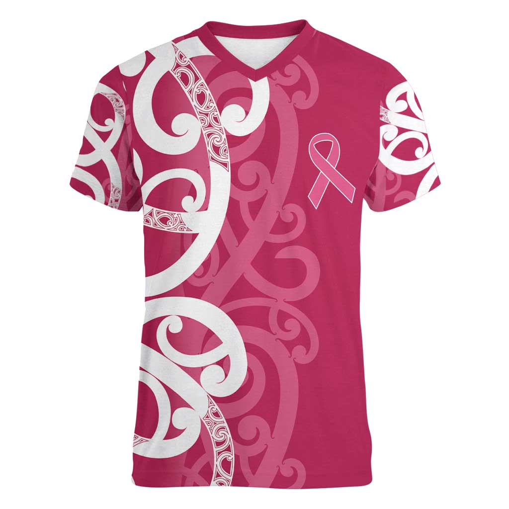 Breast Cancer Awareness Maori Women V-Neck T-Shirt Koru Kowhaiwhai - Vibe Hoodie
