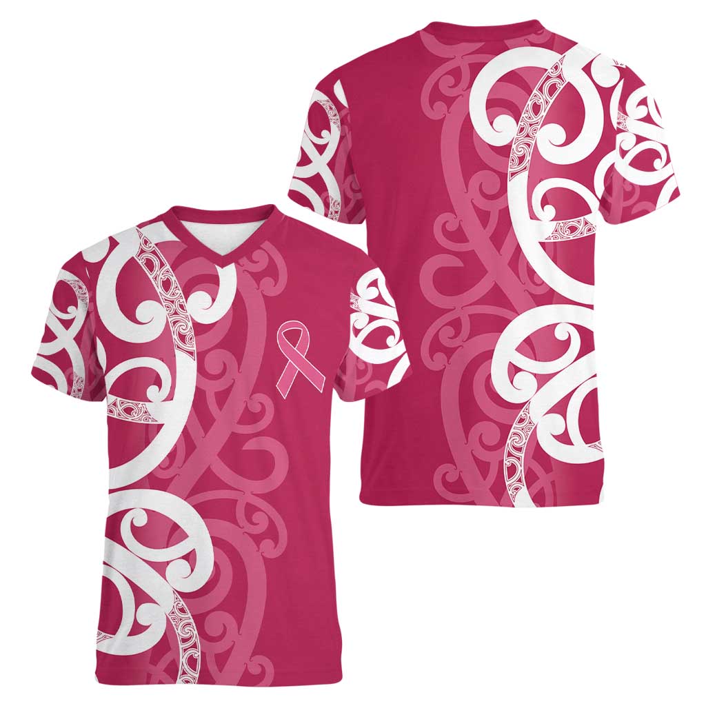 Breast Cancer Awareness Maori Women V-Neck T-Shirt Koru Kowhaiwhai - Vibe Hoodie