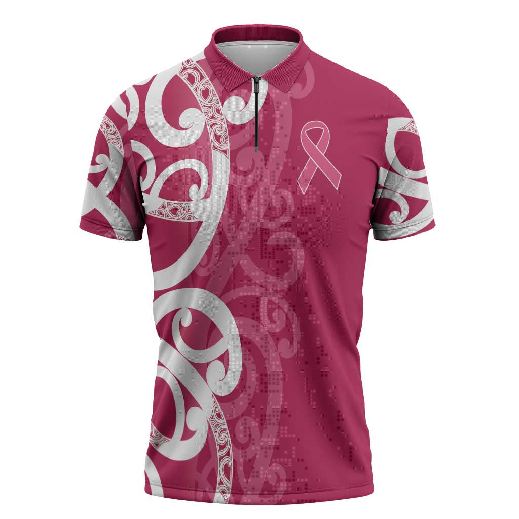 Breast Cancer Awareness Maori Zipper Polo Shirt Koru Kowhaiwhai - Vibe Hoodie