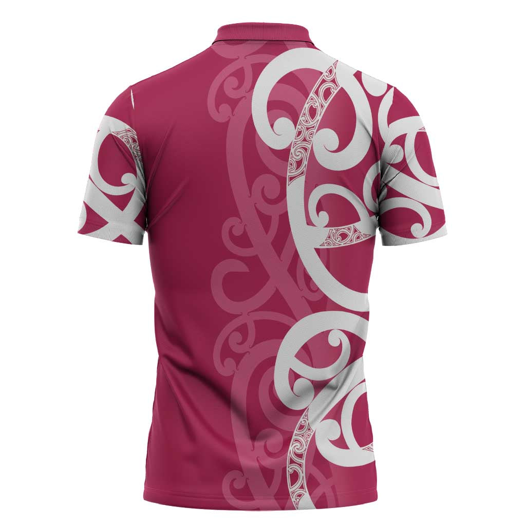 Breast Cancer Awareness Maori Zipper Polo Shirt Koru Kowhaiwhai - Vibe Hoodie
