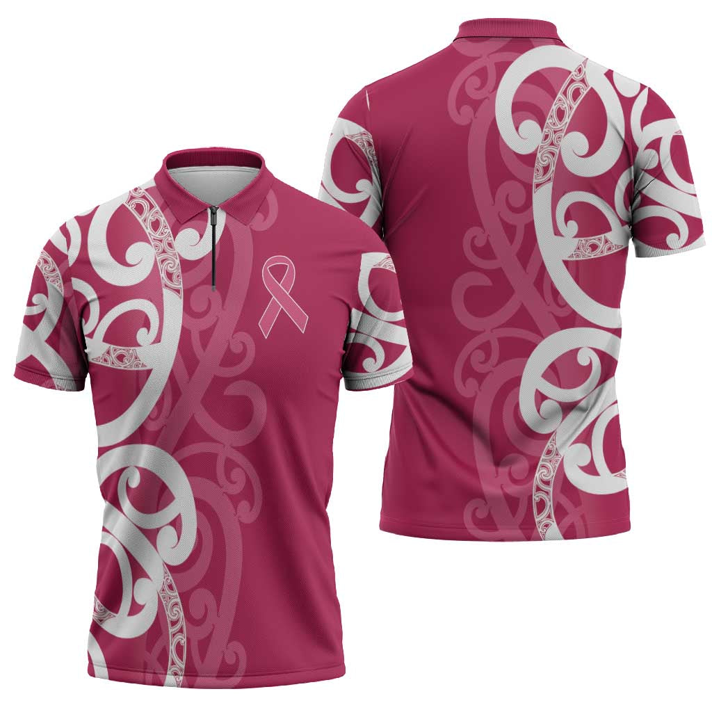 Breast Cancer Awareness Maori Zipper Polo Shirt Koru Kowhaiwhai - Vibe Hoodie