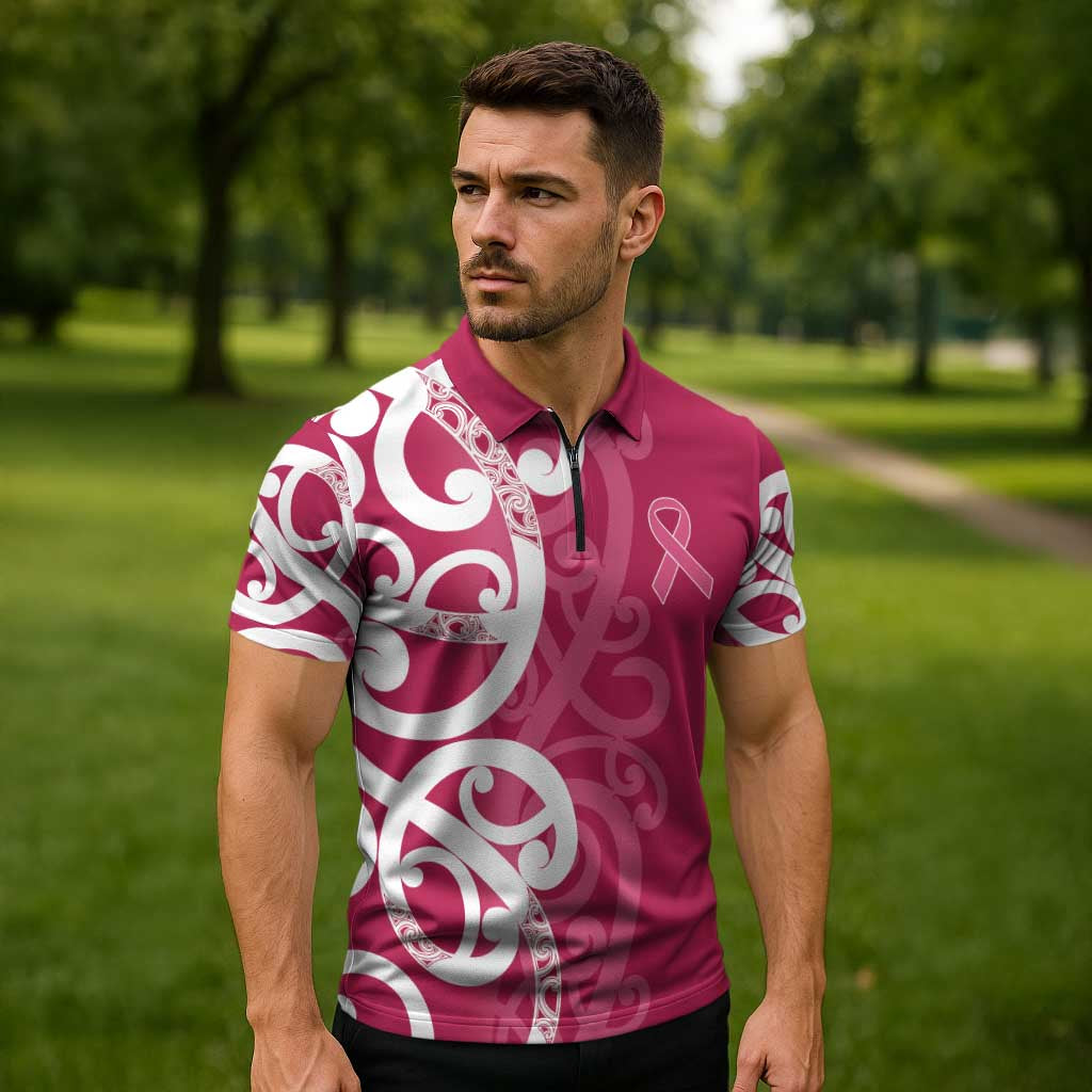 Breast Cancer Awareness Maori Zipper Polo Shirt Koru Kowhaiwhai - Vibe Hoodie