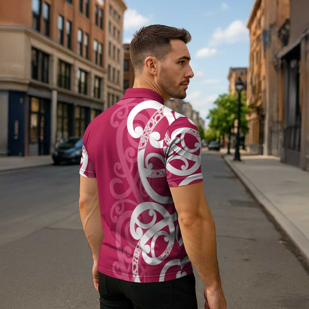 Breast Cancer Awareness Maori Zipper Polo Shirt Koru Kowhaiwhai - Vibe Hoodie