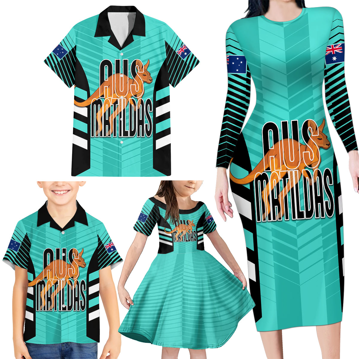 custom-australia-soccer-family-matching-long-sleeve-bodycon-dress-and-hawaiian-shirt-go-matildas-dynamic-turquoise