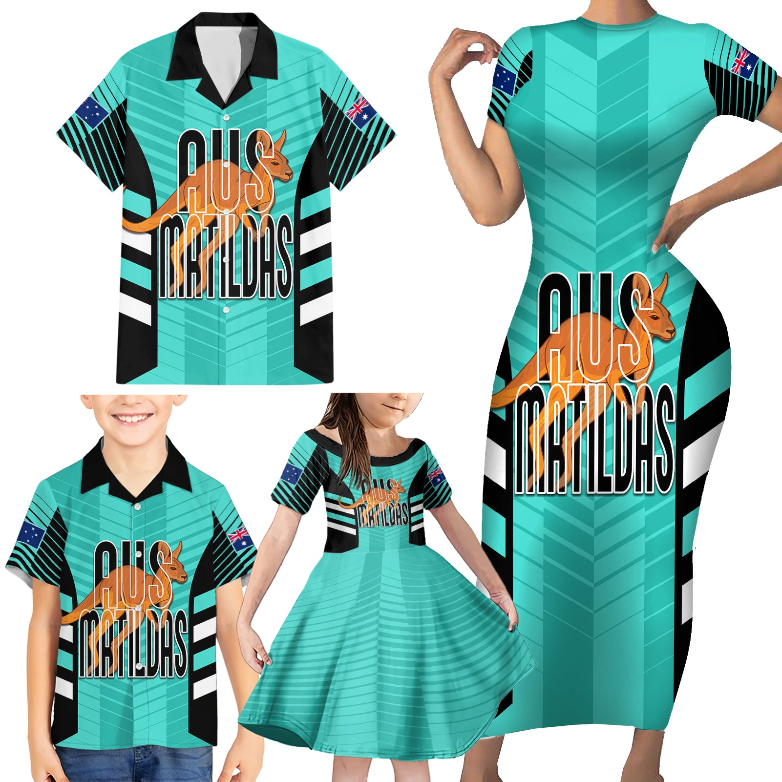 custom-australia-soccer-family-matching-short-sleeve-bodycon-dress-and-hawaiian-shirt-go-matildas-dynamic-turquoise