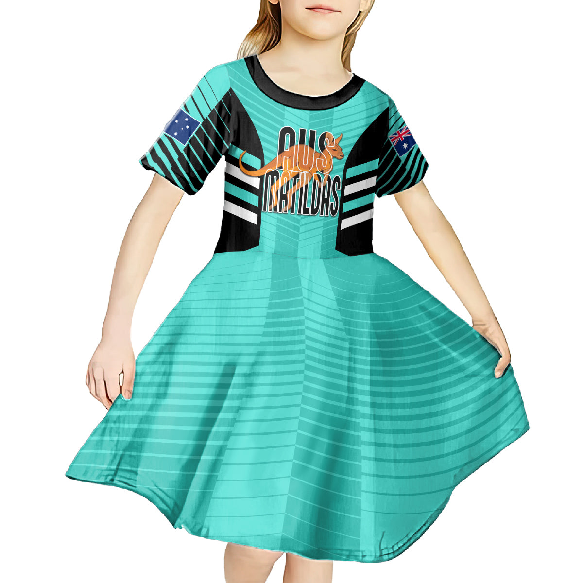 Custom Australia Soccer Kid Short Sleeve Dress Go Matildas Dynamic - Turquoise - Vibe Hoodie Shop