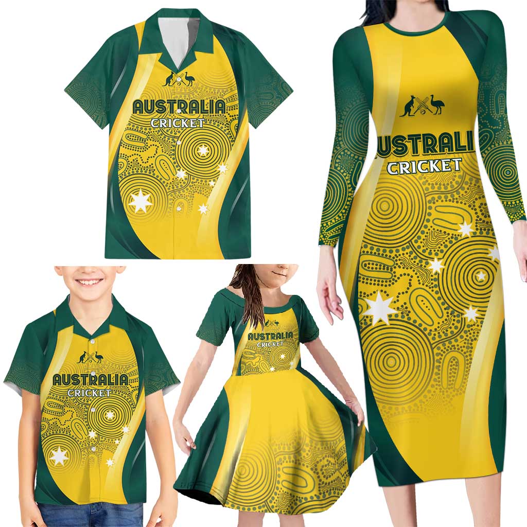 Australia Cricket Custom Indigenous Family Matching Long Sleeve Bodycon Dress and Hawaiian Shirt Aboriginal Arts GO Aussie