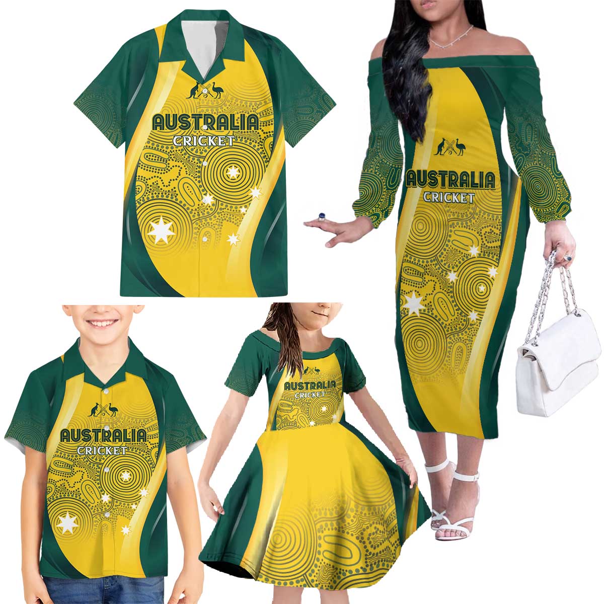 Australia Cricket Custom Indigenous Family Matching Off The Shoulder Long Sleeve Dress and Hawaiian Shirt Aboriginal Arts GO Aussie