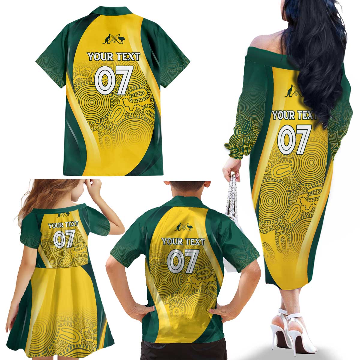 Australia Cricket Custom Indigenous Family Matching Off The Shoulder Long Sleeve Dress and Hawaiian Shirt Aboriginal Arts GO Aussie