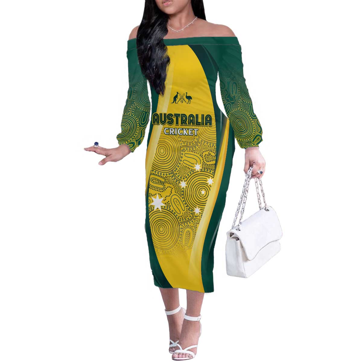 Australia Cricket Custom Indigenous Family Matching Off The Shoulder Long Sleeve Dress and Hawaiian Shirt Aboriginal Arts GO Aussie