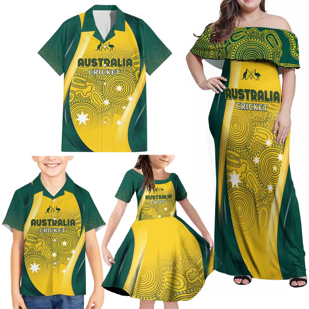 Australia Cricket Custom Indigenous Family Matching Off Shoulder Maxi Dress and Hawaiian Shirt Aboriginal Arts GO Aussie