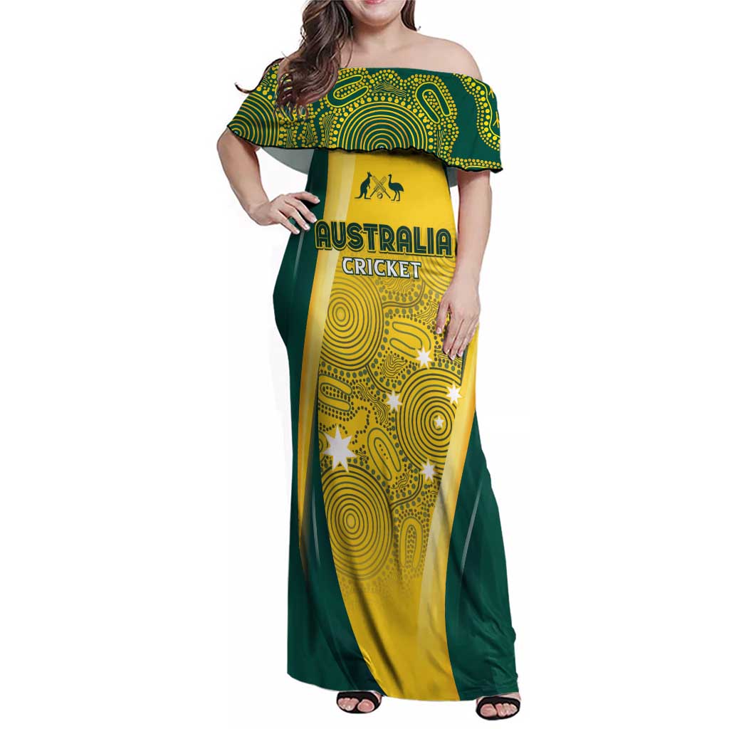 Australia Cricket Custom Indigenous Family Matching Off Shoulder Maxi Dress and Hawaiian Shirt Aboriginal Arts GO Aussie