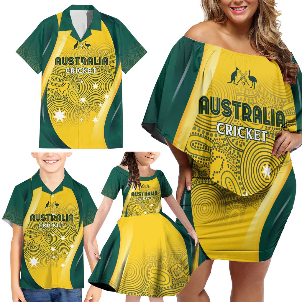 Australia Cricket Custom Indigenous Family Matching Off Shoulder Short Dress and Hawaiian Shirt Aboriginal Arts GO Aussie