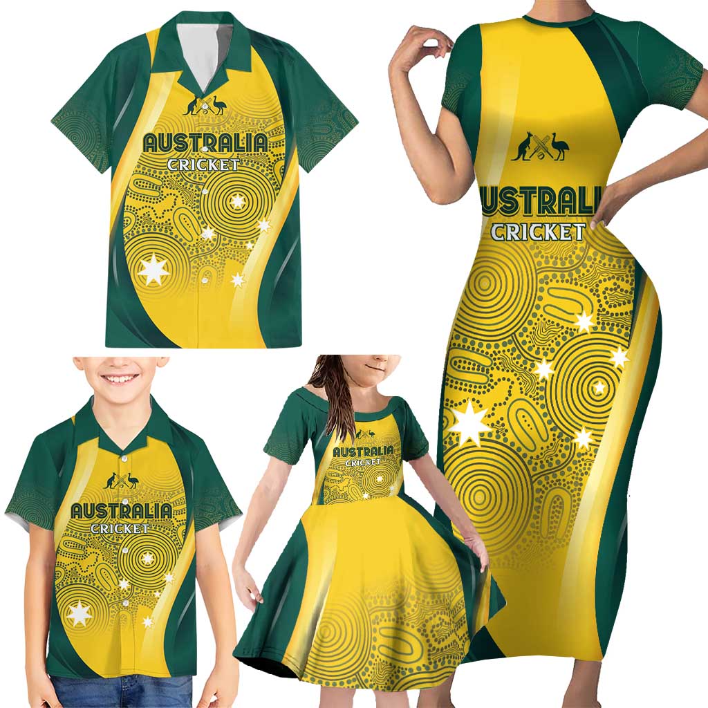 Australia Cricket Custom Indigenous Family Matching Short Sleeve Bodycon Dress and Hawaiian Shirt Aboriginal Arts GO Aussie