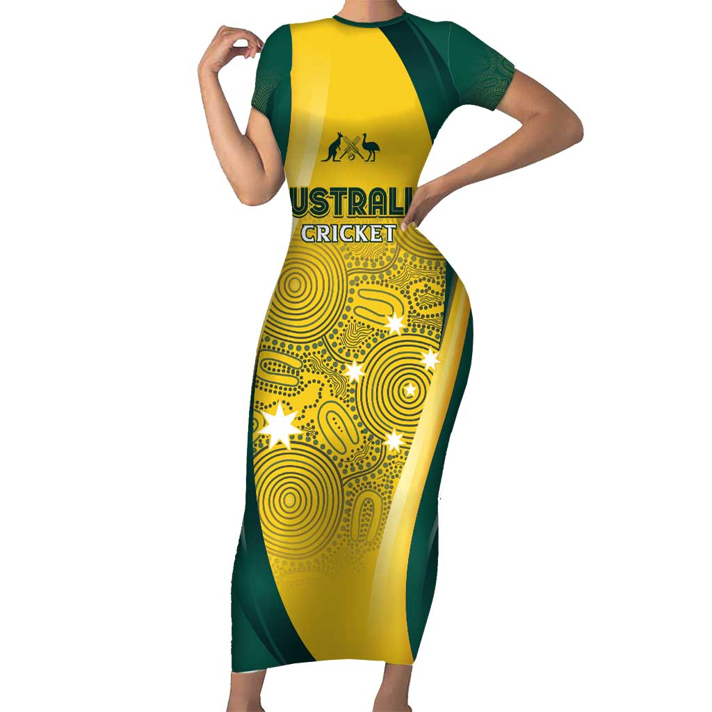 Australia Cricket Custom Indigenous Family Matching Short Sleeve Bodycon Dress and Hawaiian Shirt Aboriginal Arts GO Aussie