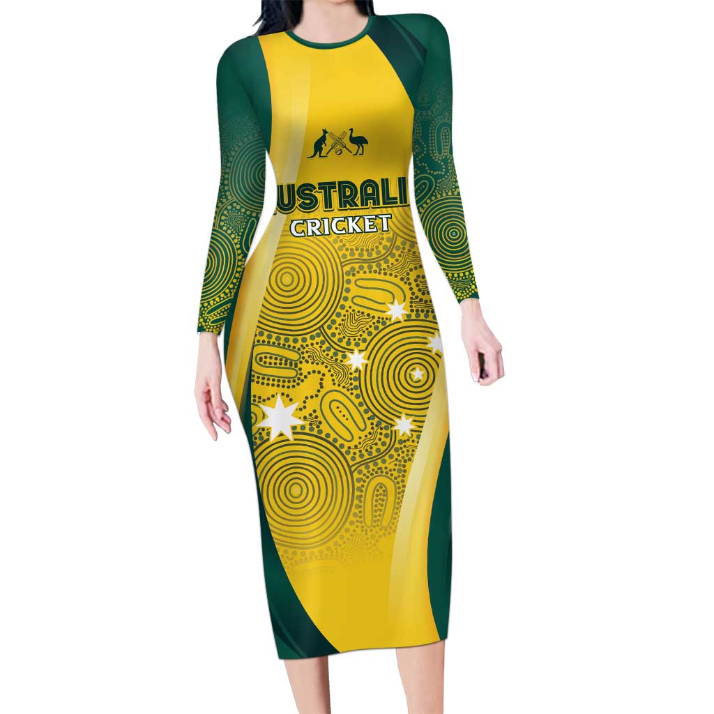 Australia Cricket Custom Indigenous Long Sleeve Bodycon Dress Aboriginal Arts GO Aussie