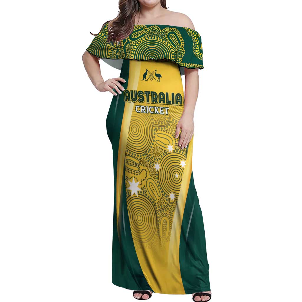 Australia Cricket Custom Indigenous Off Shoulder Maxi Dress Aboriginal Arts GO Aussie