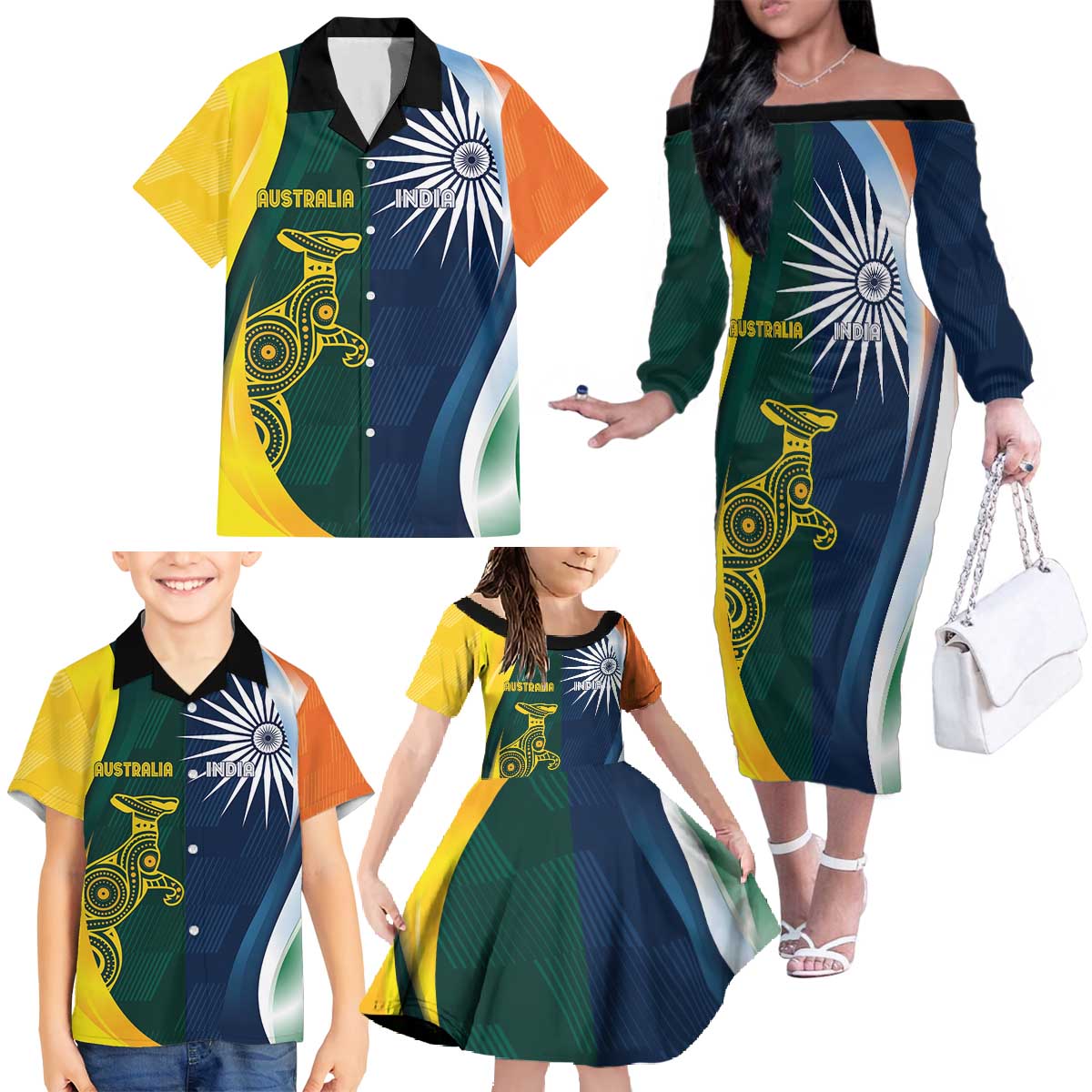 Custom India and Australia Cricket Family Matching Off The Shoulder Long Sleeve Dress and Hawaiian Shirt Special Half-Half Mix