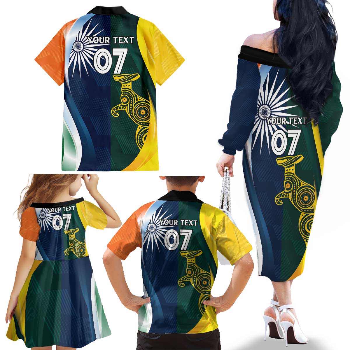 Custom India and Australia Cricket Family Matching Off The Shoulder Long Sleeve Dress and Hawaiian Shirt Special Half-Half Mix