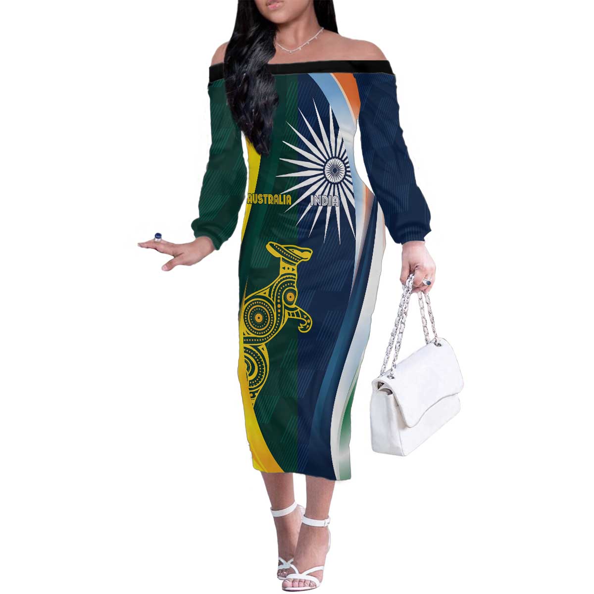 Custom India and Australia Cricket Family Matching Off The Shoulder Long Sleeve Dress and Hawaiian Shirt Special Half-Half Mix