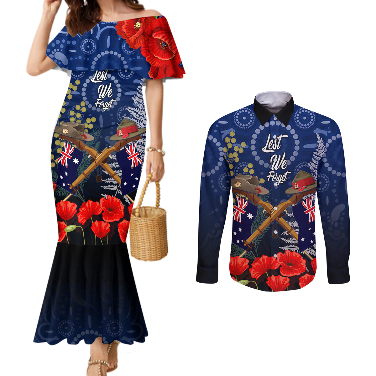 Anzac Couples Matching Mermaid Dress and Long Sleeve Button Shirt Ausralia Aboriginal Mix New Zealand Slouch Hats