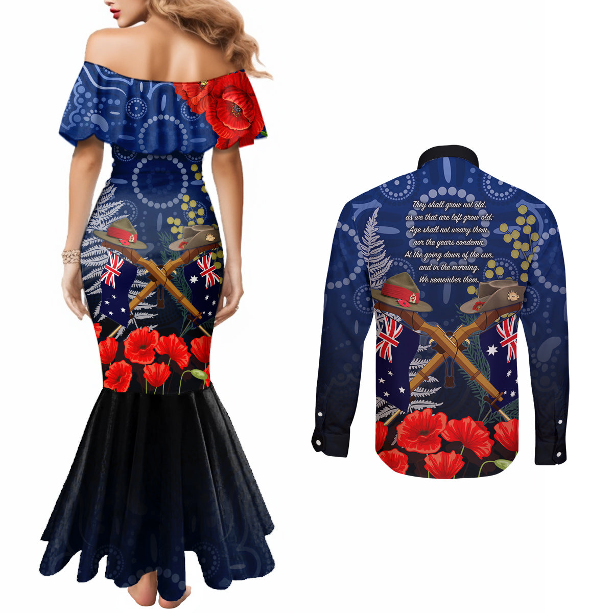 Anzac Couples Matching Mermaid Dress and Long Sleeve Button Shirt Ausralia Aboriginal Mix New Zealand Slouch Hats