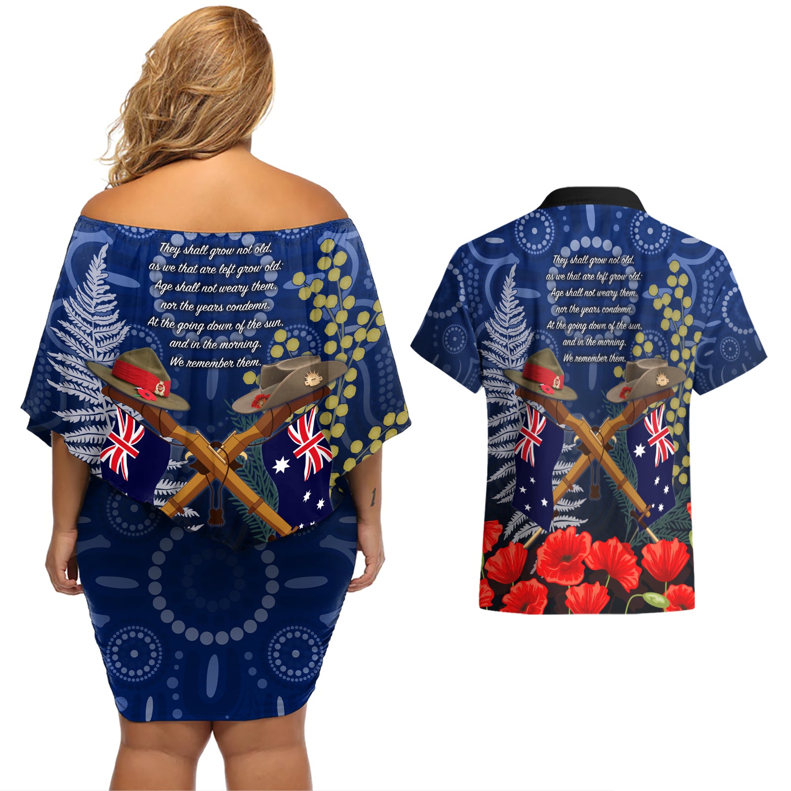 Anzac Couples Matching Off Shoulder Short Dress and Hawaiian Shirt Ausralia Aboriginal Mix New Zealand Slouch Hats