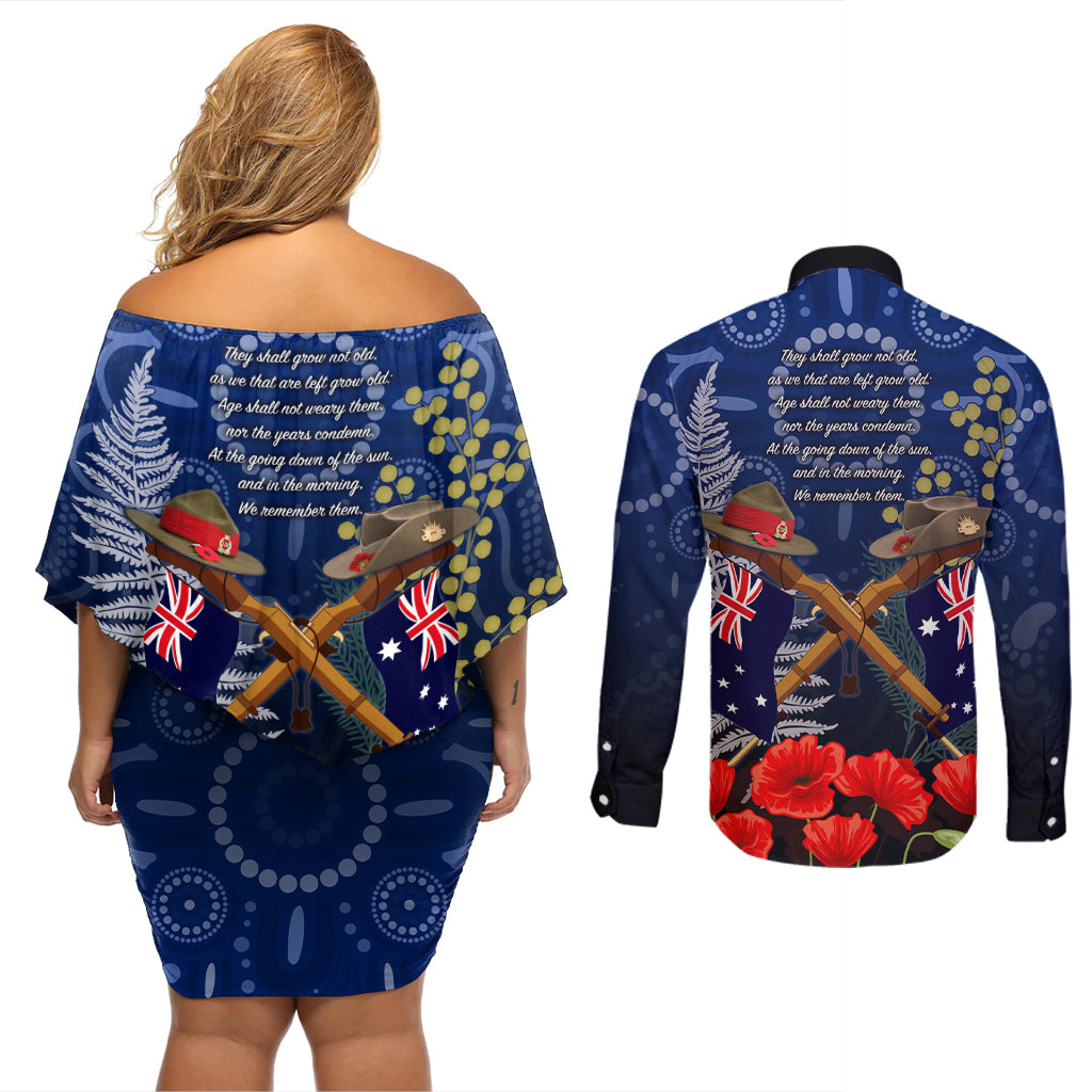 Anzac Couples Matching Off Shoulder Short Dress and Long Sleeve Button Shirt Ausralia Aboriginal Mix New Zealand Slouch Hats