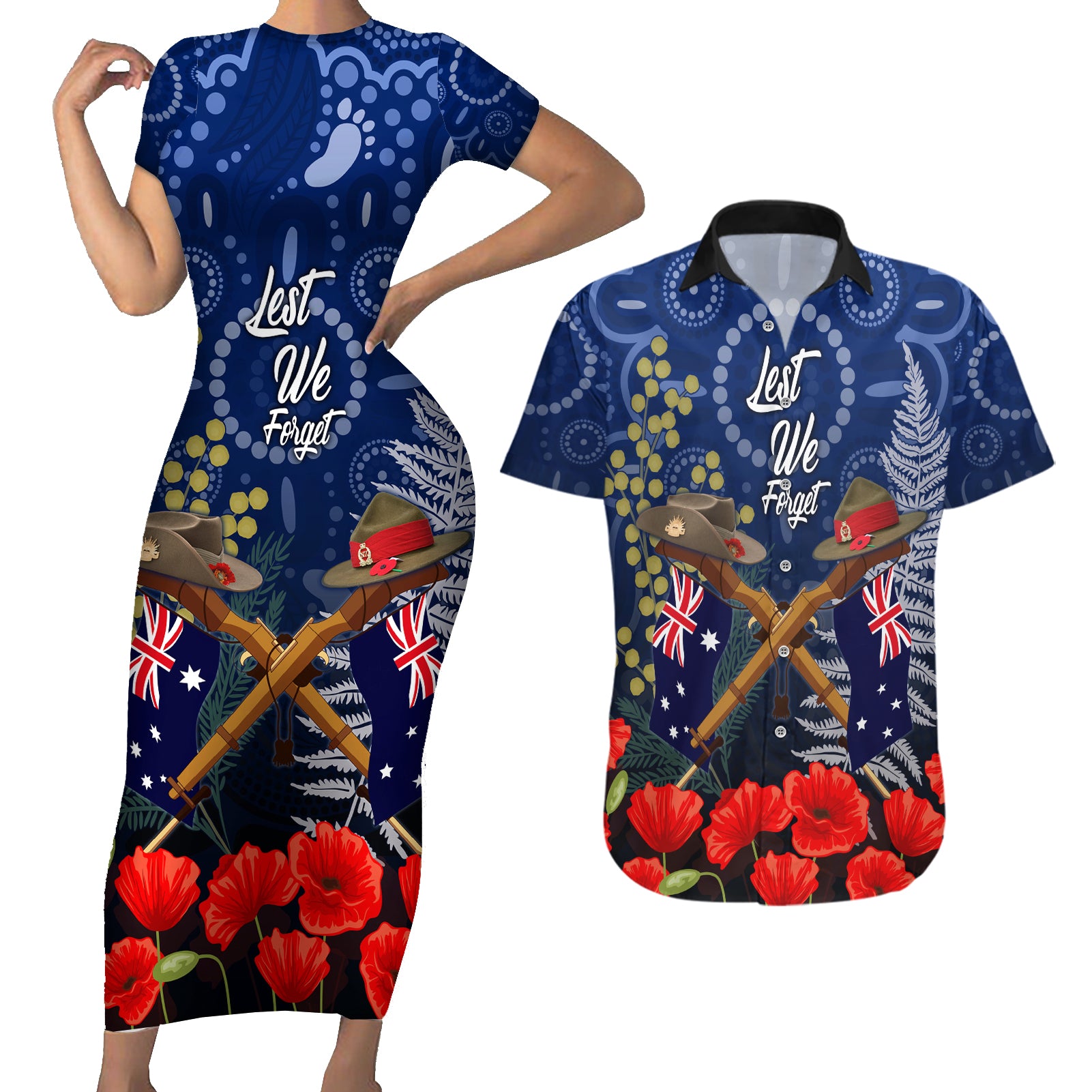 Anzac Couples Matching Short Sleeve Bodycon Dress and Hawaiian Shirt Ausralia Aboriginal Mix New Zealand Slouch Hats