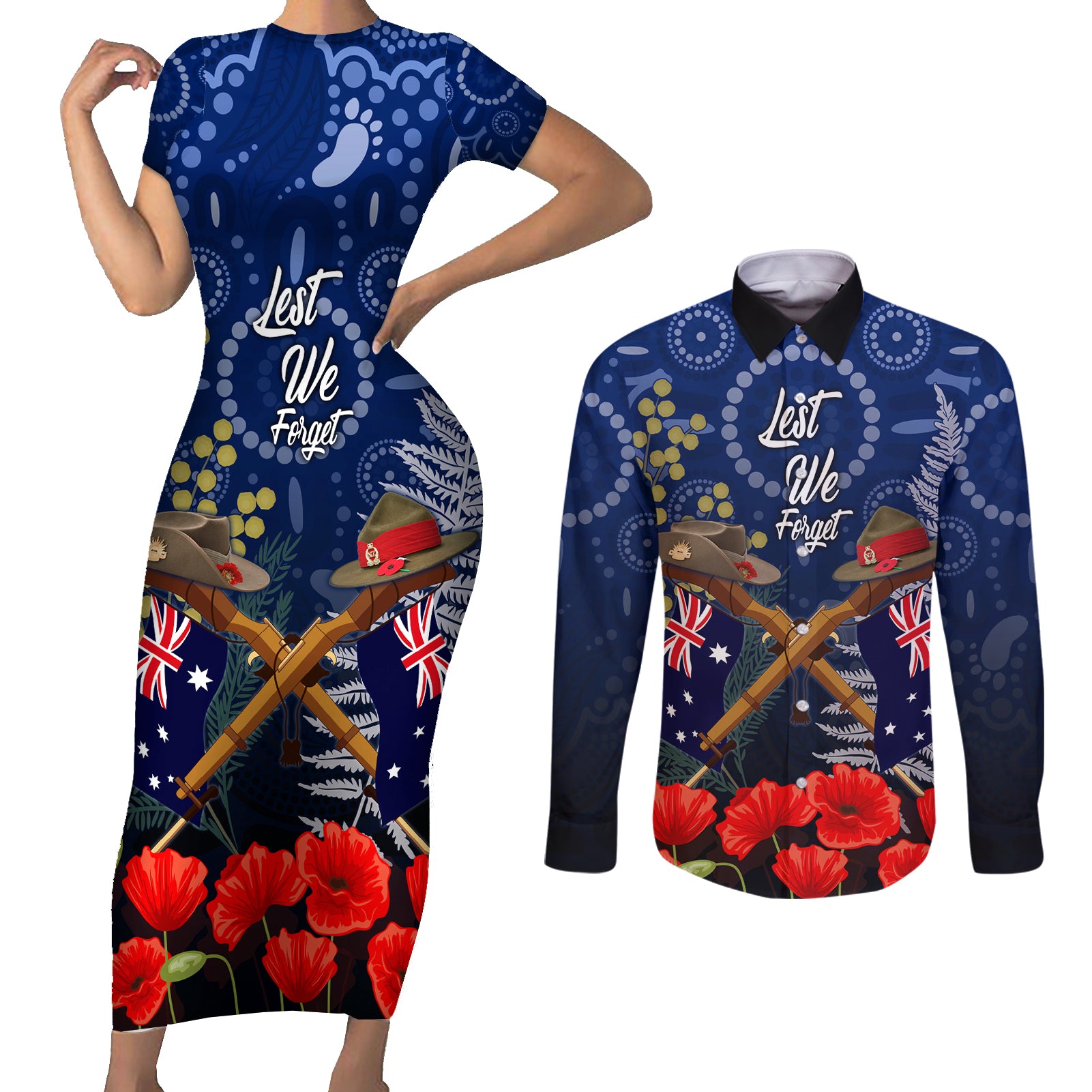 Anzac Couples Matching Short Sleeve Bodycon Dress and Long Sleeve Button Shirt Ausralia Aboriginal Mix New Zealand Slouch Hats