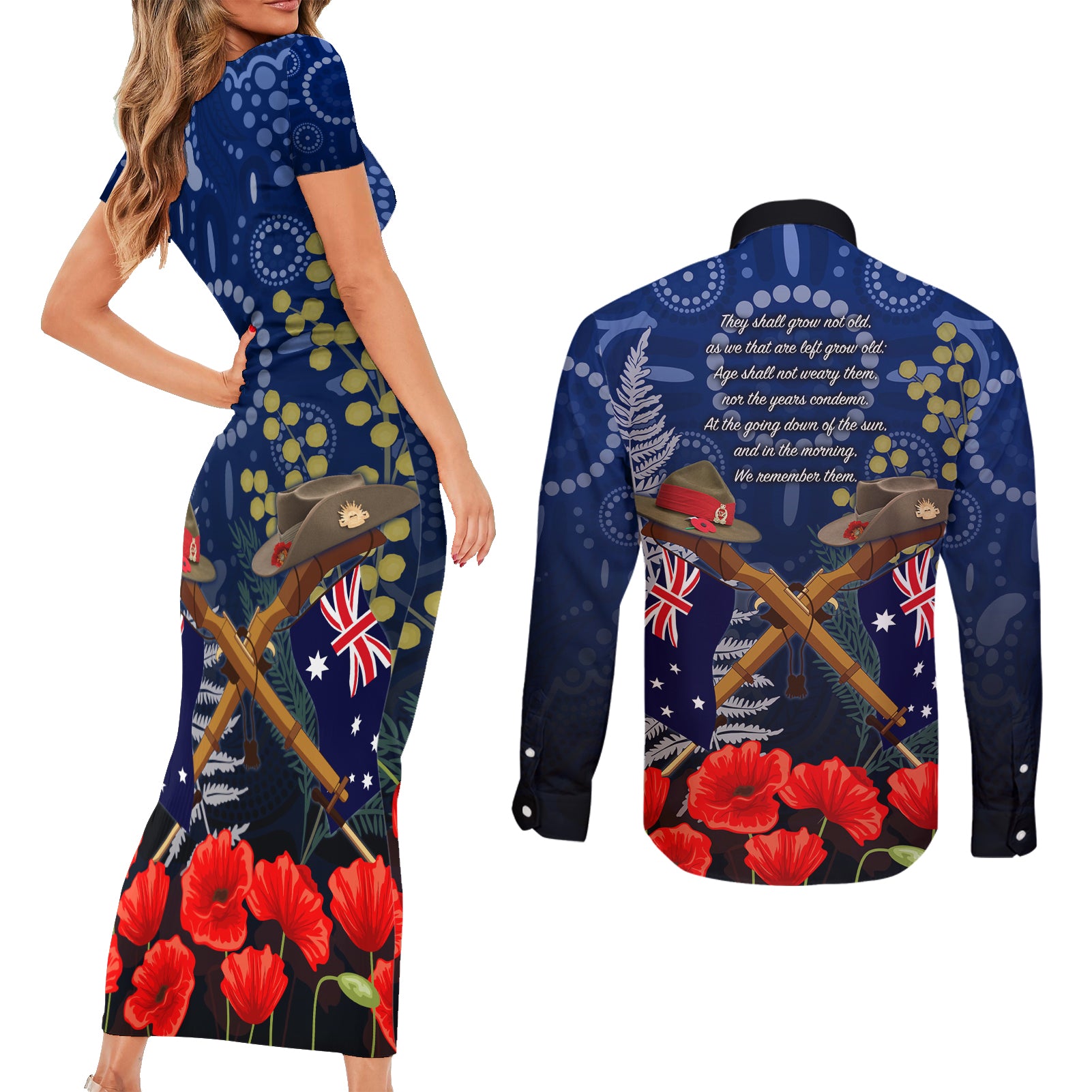 Anzac Couples Matching Short Sleeve Bodycon Dress and Long Sleeve Button Shirt Ausralia Aboriginal Mix New Zealand Slouch Hats