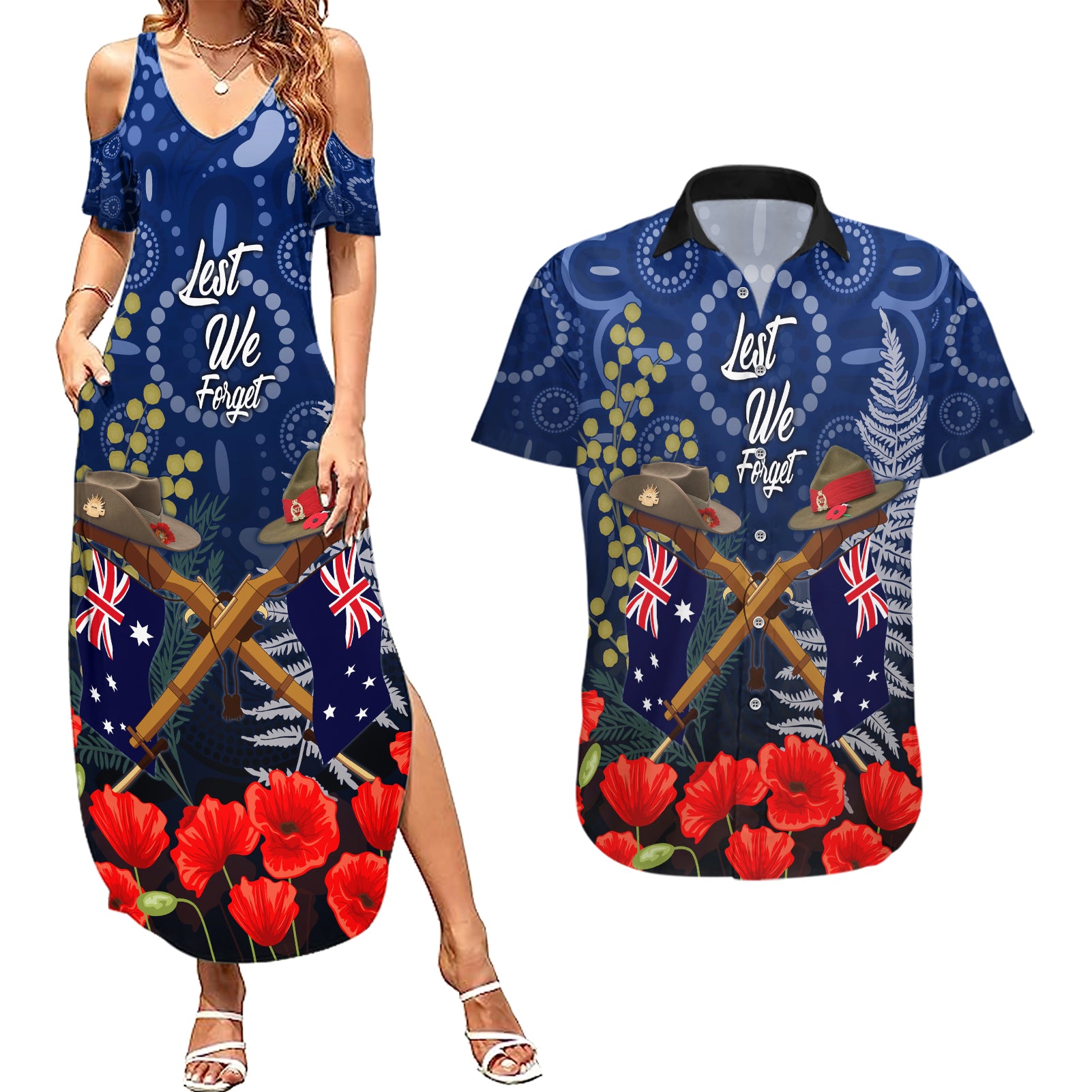 Anzac Couples Matching Summer Maxi Dress and Hawaiian Shirt Ausralia Aboriginal Mix New Zealand Slouch Hats