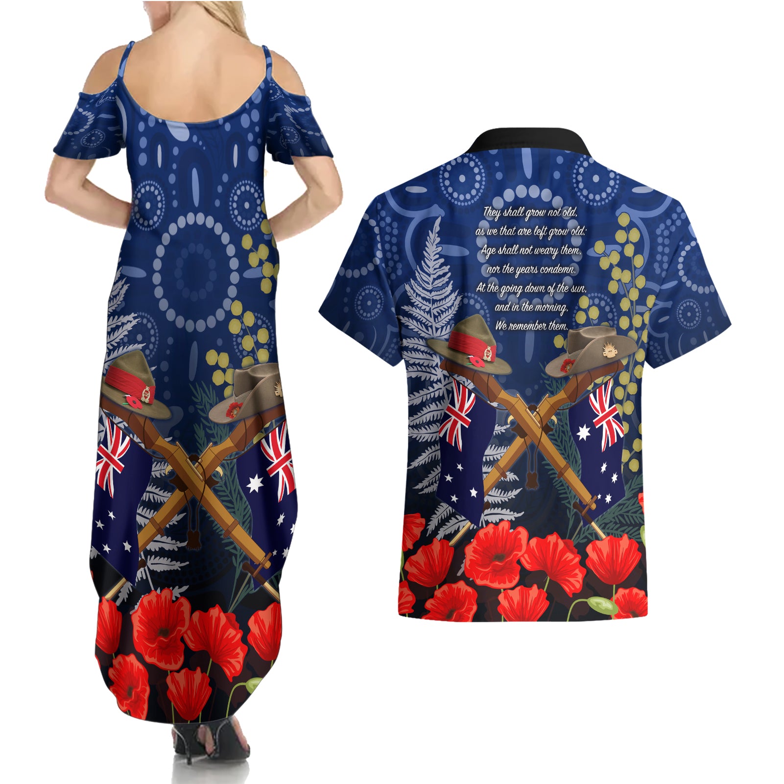 Anzac Couples Matching Summer Maxi Dress and Hawaiian Shirt Ausralia Aboriginal Mix New Zealand Slouch Hats