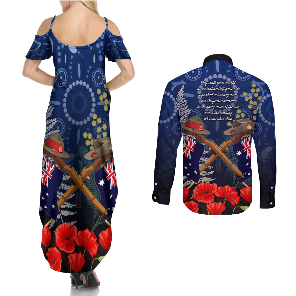 Anzac Couples Matching Summer Maxi Dress and Long Sleeve Button Shirt Ausralia Aboriginal Mix New Zealand Slouch Hats