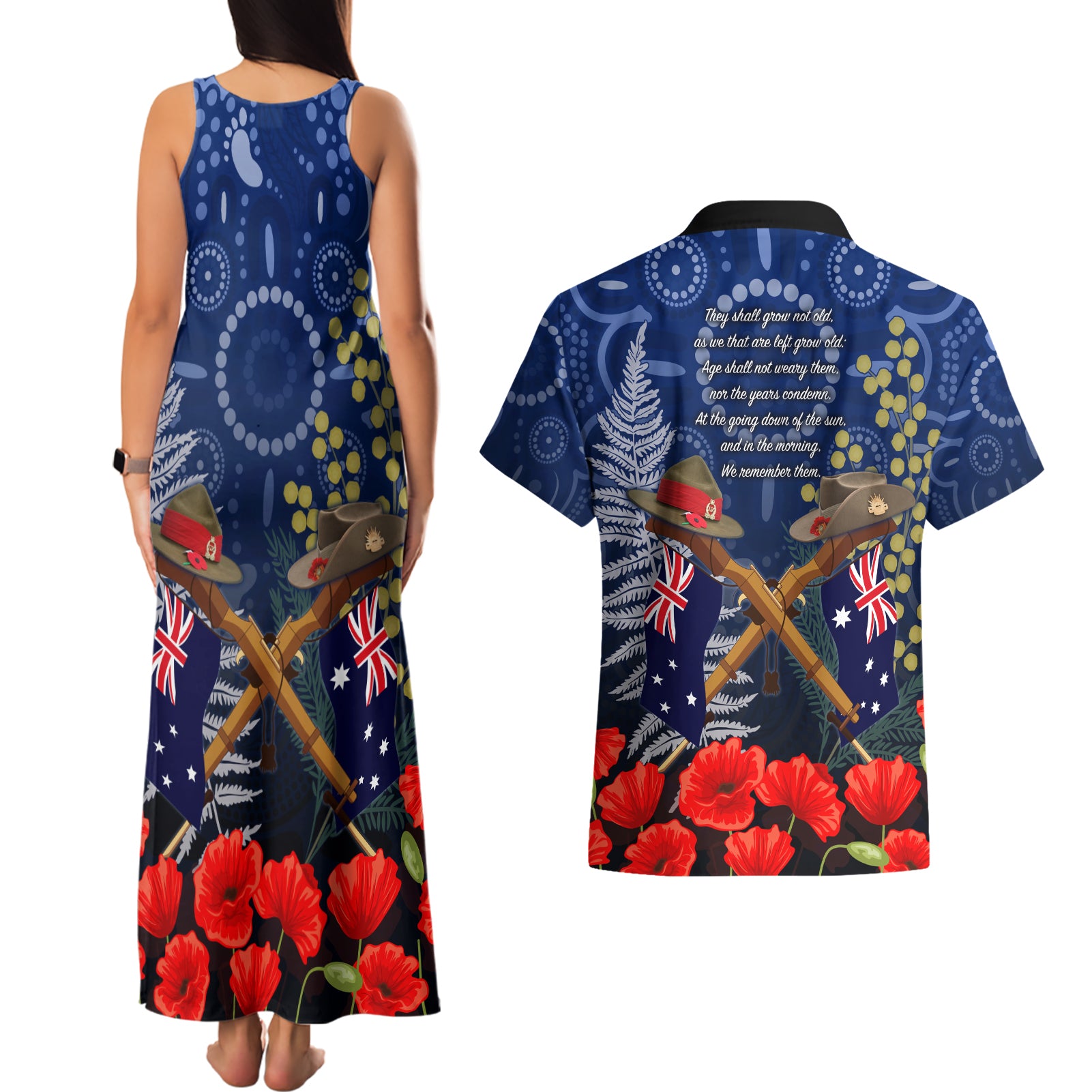 Anzac Couples Matching Tank Maxi Dress and Hawaiian Shirt Ausralia Aboriginal Mix New Zealand Slouch Hats