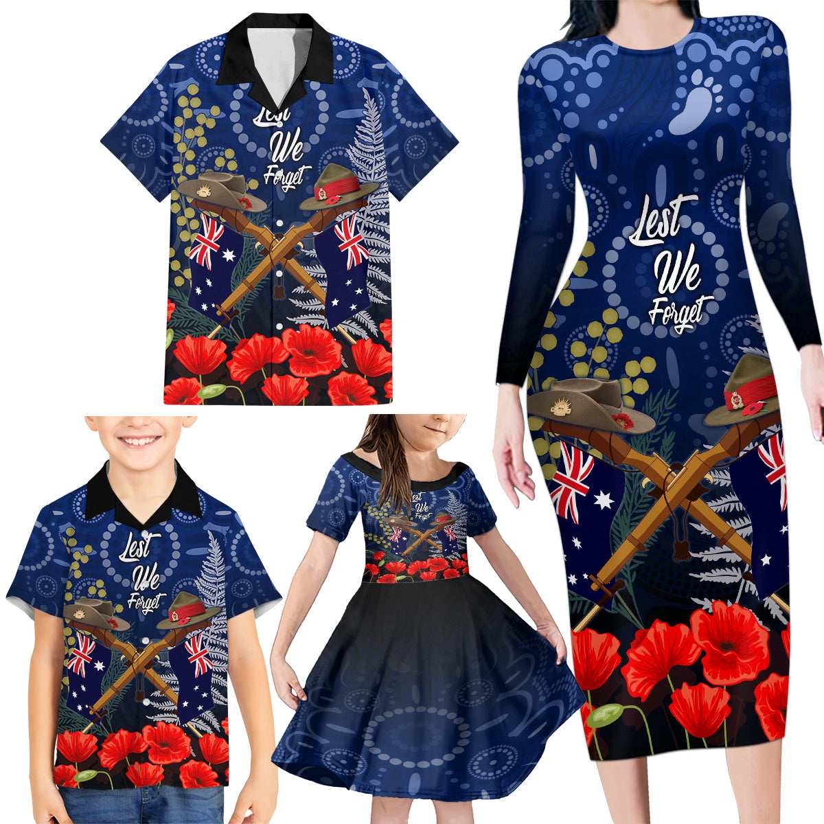 Anzac Family Matching Long Sleeve Bodycon Dress and Hawaiian Shirt Ausralia Aboriginal Mix New Zealand Slouch Hats