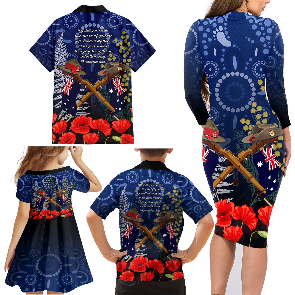 Anzac Family Matching Long Sleeve Bodycon Dress and Hawaiian Shirt Ausralia Aboriginal Mix New Zealand Slouch Hats