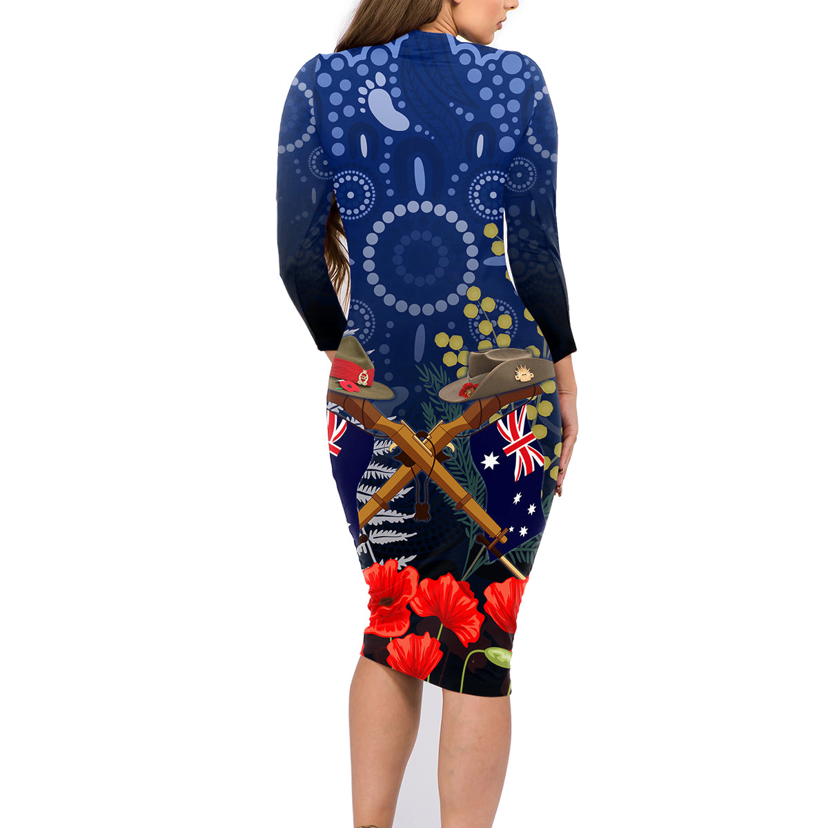 Anzac Family Matching Long Sleeve Bodycon Dress and Hawaiian Shirt Ausralia Aboriginal Mix New Zealand Slouch Hats