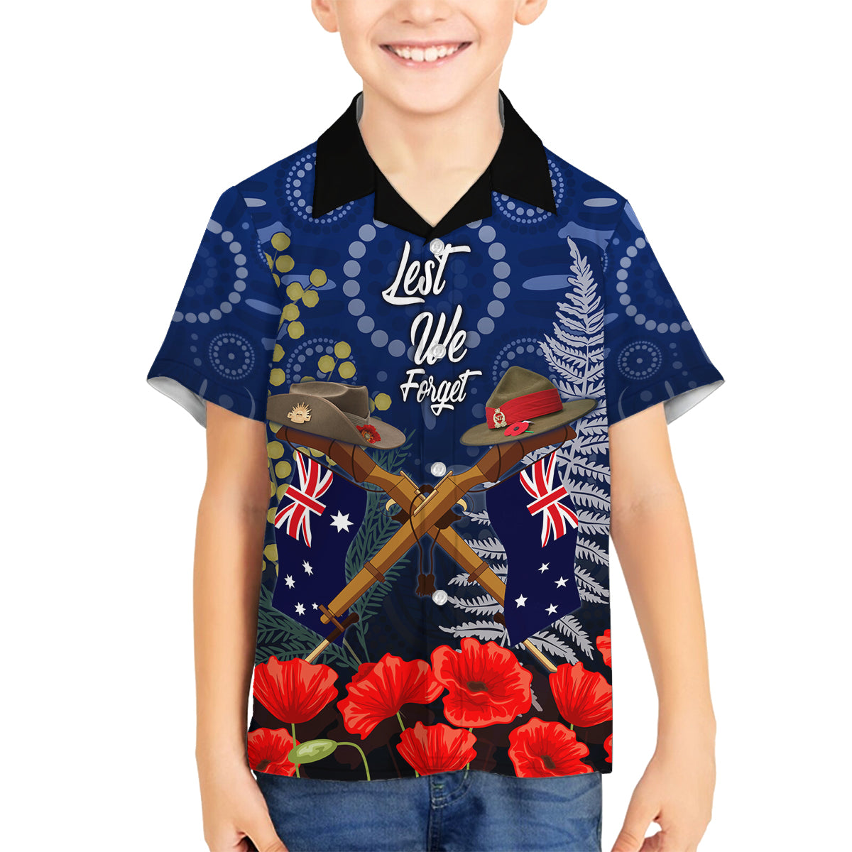 Anzac Family Matching Long Sleeve Bodycon Dress and Hawaiian Shirt Ausralia Aboriginal Mix New Zealand Slouch Hats