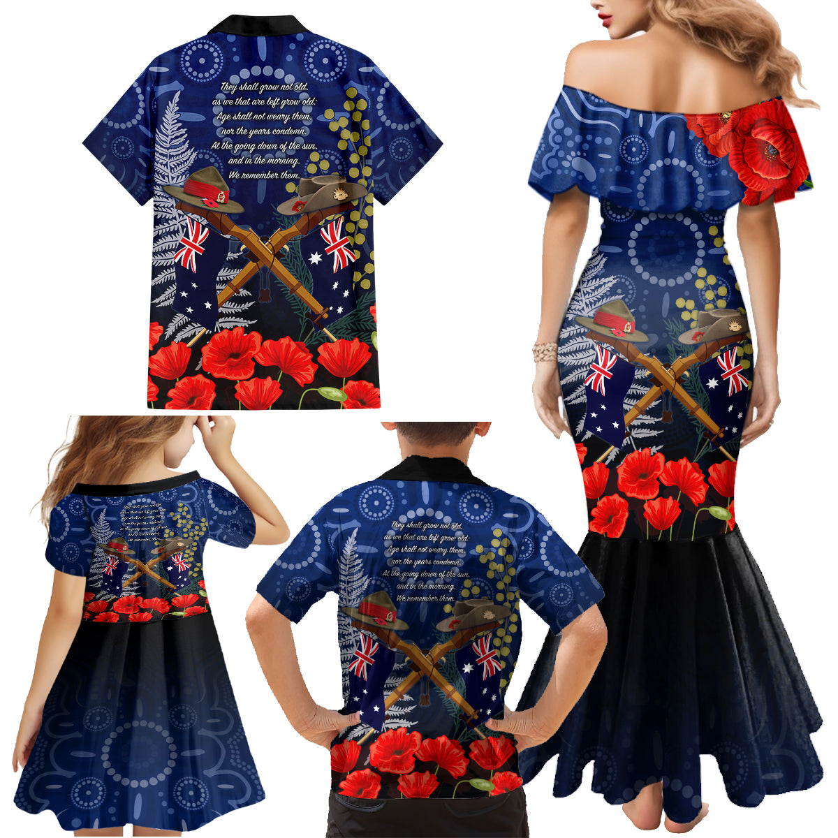 Anzac Family Matching Mermaid Dress and Hawaiian Shirt Ausralia Aboriginal Mix New Zealand Slouch Hats