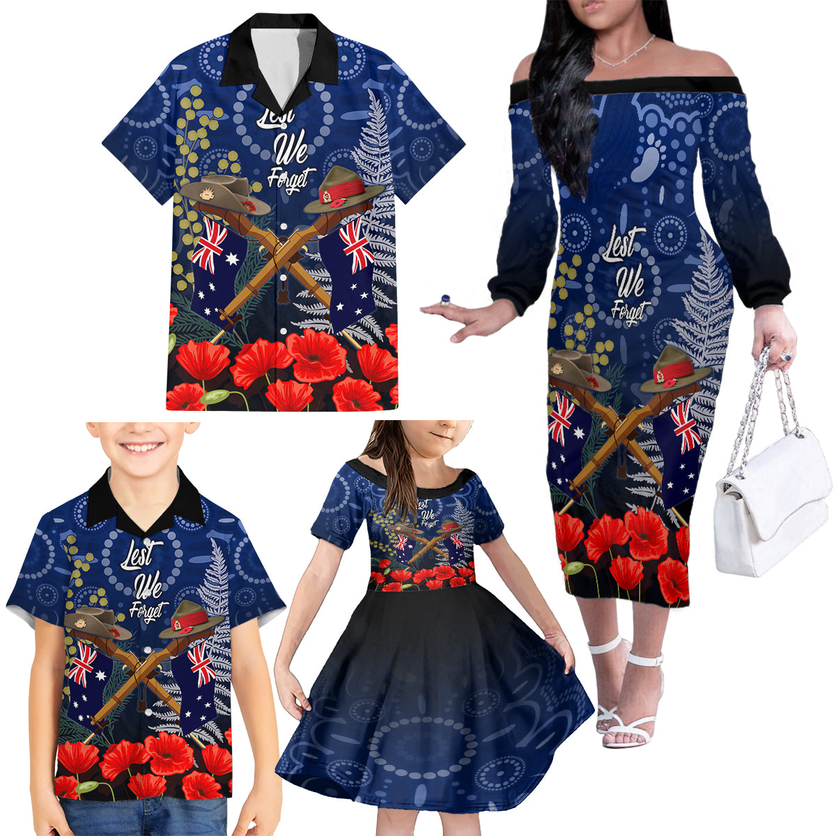 Anzac Family Matching Off Shoulder Long Sleeve Dress and Hawaiian Shirt Ausralia Aboriginal Mix New Zealand Slouch Hats